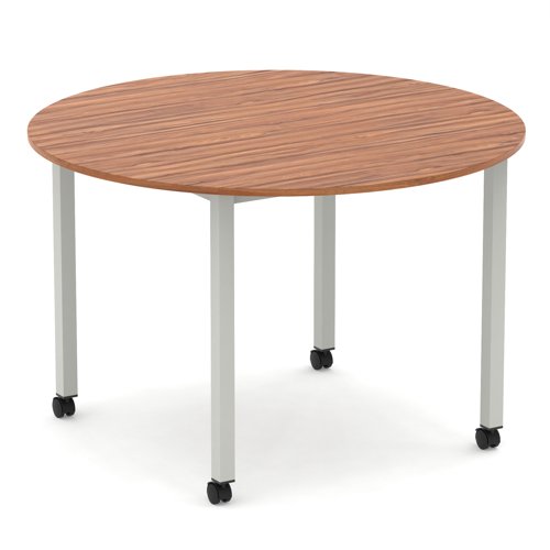 Impulse 1200mm Round Table Walnut Top Silver Box Frame Leg with Castors
