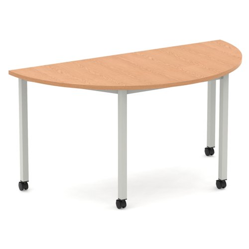 Impulse 1600mm Semi-Circle Table Oak Top Silver Box Frame Leg with Castors