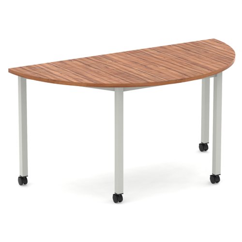 Impulse 1600mm Semi-Circle Table Walnut Top Silver Box Frame Leg with Castors