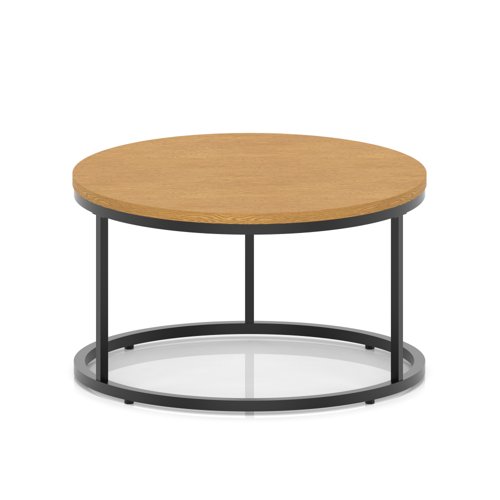 Impulse 800mm Round Coffee Table With Metal Frame Oak Top Black Leg