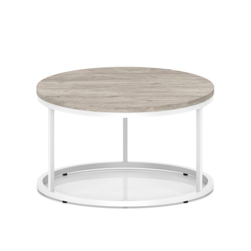 Impulse 800mm Round Coffee Table With Metal Frame Grey Oak Top White Leg