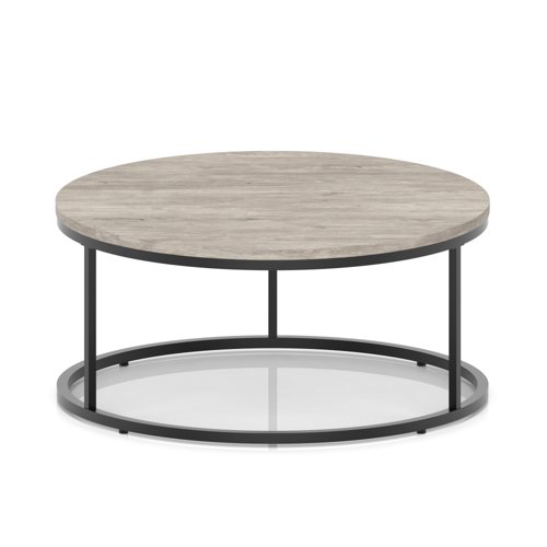 Impulse 1000mm Round Coffee Table With Metal Frame Grey Oak Top Black Leg