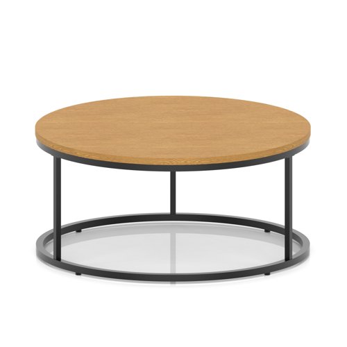 Impulse 1000mm Round Coffee Table With Metal Frame Oak Top Black Leg
