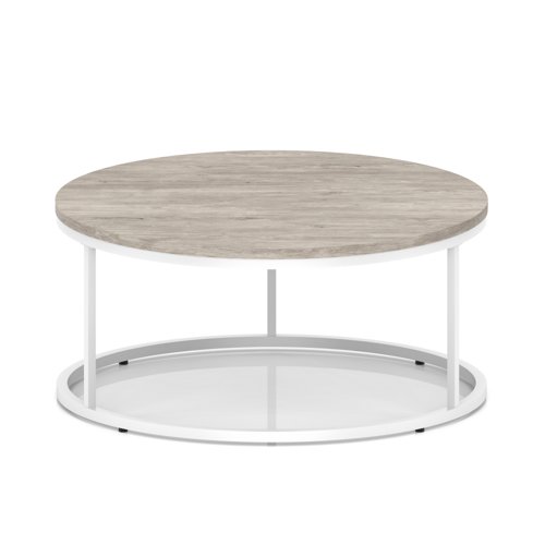 Impulse 1000mm Round Coffee Table With Metal Frame Grey Oak Top White Leg