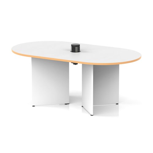 Impulse Volta 1800mm Boardroom Table With Black Pop-up Power Module White Top With Natural Wood Edge Arrowhead Leg
