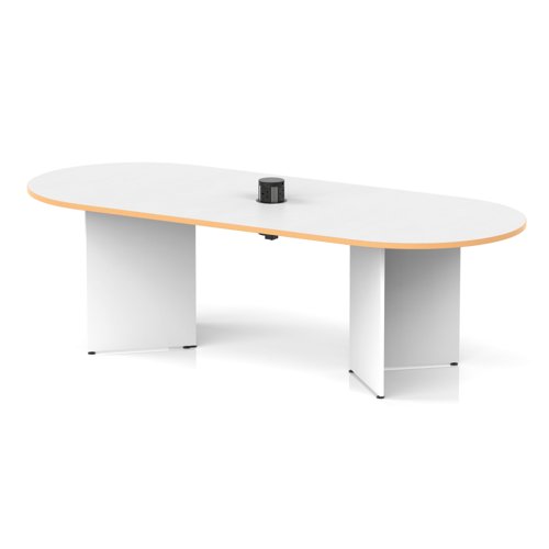 Impulse Volta 2400mm Boardroom Table With Black Pop-up Power Module White Top With Natural Wood Edge Arrowhead Leg