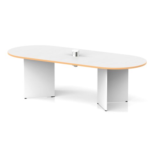 Impulse Volta 2400mm Boardroom Table With White Pop-up Power Module White Top With Natural Wood Edge Arrowhead Leg