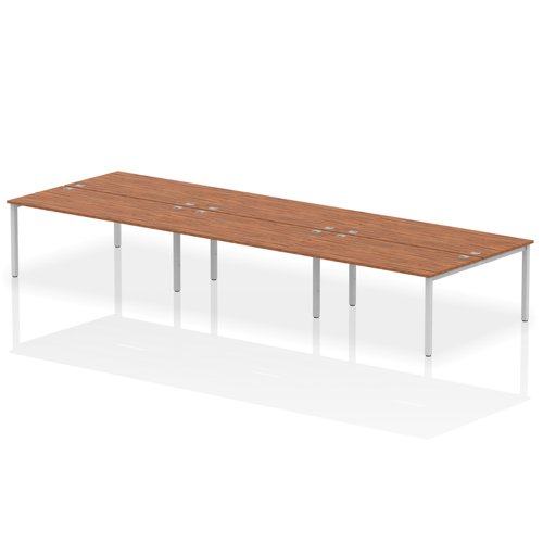 Impulse Back-to-Back 6 Person Bench Desk W1600 x D1600 x H730mm With Cable Ports Walnut Finish Silver Frame - IB00200