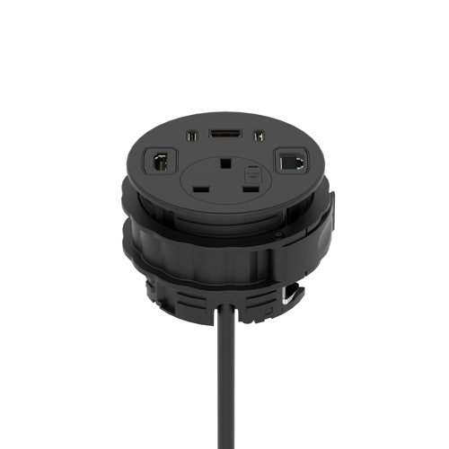 Volta Round 80mm Power Unit Module 1xSocket (3.15A Fuse) / 1xUSBa & 2xUSBc (45w shared)/ 1xHDMI (1.4)/ 1xCAT 6Data Port - Black with 2metre Mains Lead