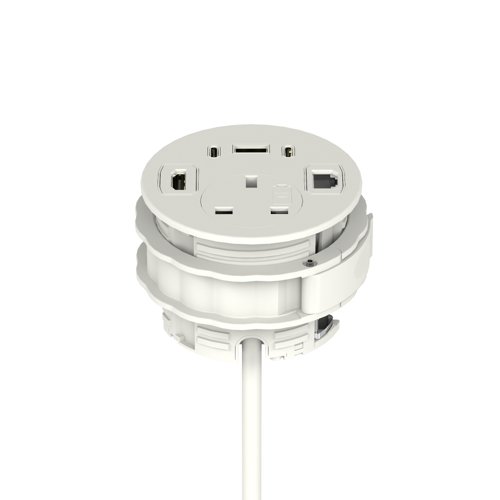 Volta Round 80mm Power Unit Module 1xSocket (3.15A Fuse) / 1xUSBa & 2xUSBc (45w shared)/ 1xHDMI (1.4)/ 1xCAT 6Data Port - White  with 2metre Mains Lea