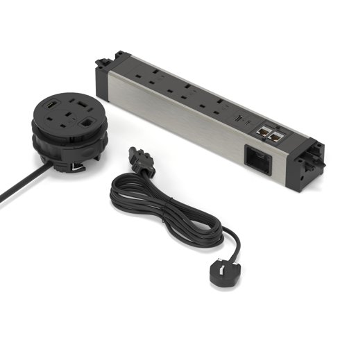 Volta Power Kit - Desktop Cable Port Module Black + Under Desk Module + 2m Mains Cable UK Plug - Total 4xSocket/ 2xUSBa/ 3xUSBc/ 1xHDMI/ 3xCAT6