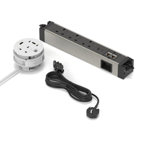 Volta Power Kit - Desktop Cable Port Module White + Under Desk Module + 2m Mains Cable UK Plug - Total 4xSocket/ 2xUSBa/ 3xUSBc/ 1xHDMI/ 3xCAT6