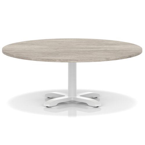 Italia 1200mm Round Coffee Table Grey Oak Top 495mm High White Leg Cross Base