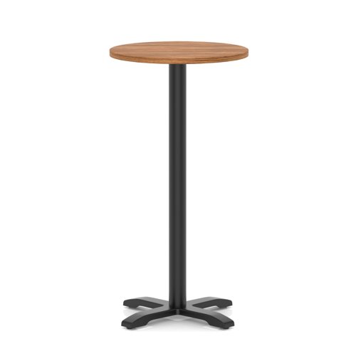 Italia 600mm Poseur Round Table Walnut Top 1170mm High Black Leg Cross Base