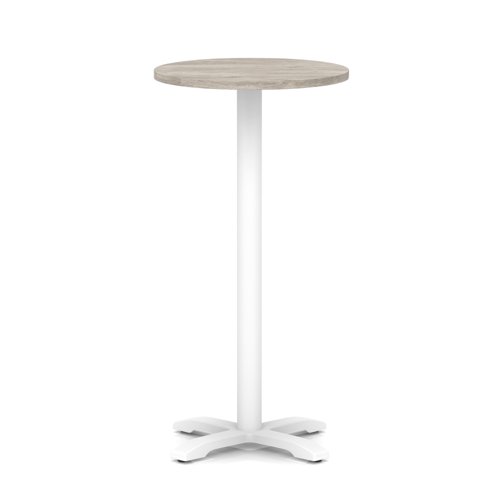 Italia 600mm Poseur Round Table Grey Oak Top 1170mm High White Leg Cross Base