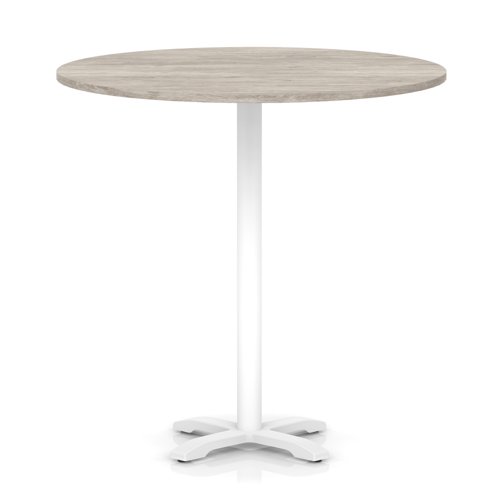 Italia 1200mm Poseur Round Table Grey Oak Top 1170mm High White Leg Cross Base