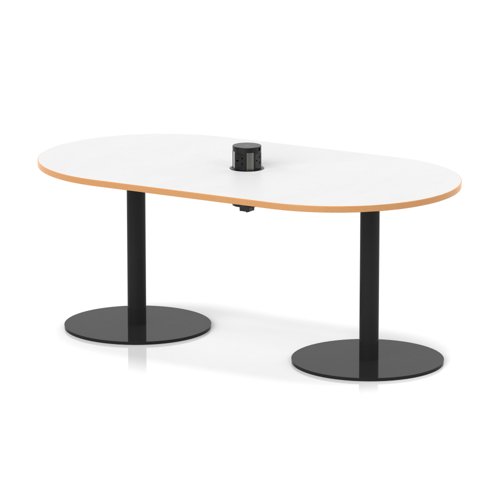 Italia Volta 1800mm Poseur Boardroom Table With Pop-up Power Module White Top Natural Wood Edge 720mm High Black Leg