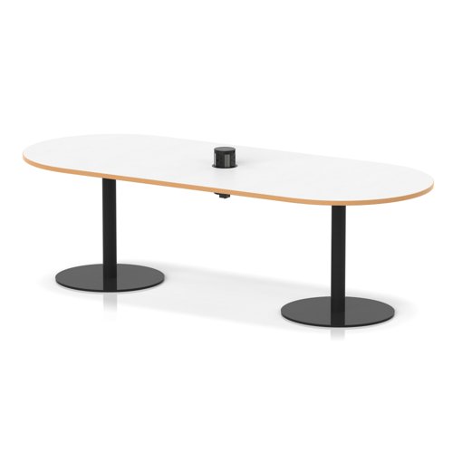 Italia Volta 2400mm Poseur Boardroom Table With Pop-up Power Module White Top Natural Wood Edge 720mm High Black Leg