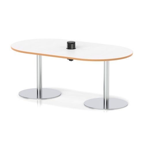 Italia Volta 1800mm Poseur Boardroom Table With Pop-up Power Module White Top Natural Wood Edge 720mm High Silver Leg