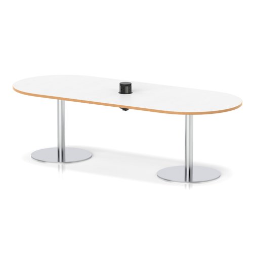 Italia Volta 2400mm Poseur Boardroom Table With Pop-up Power Module White Top Natural Wood Edge 720mm High Silver Leg