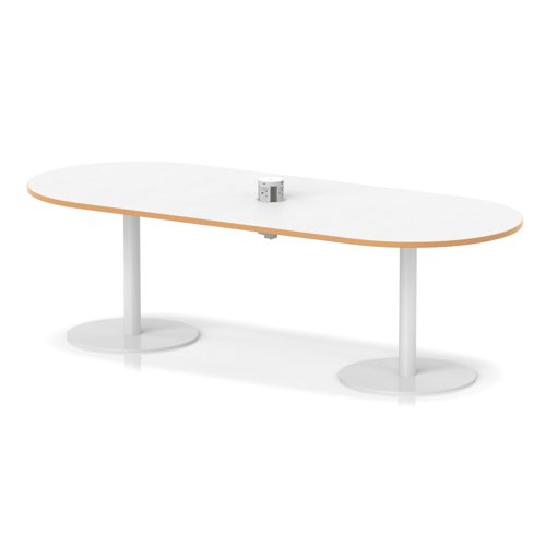 Italia Volta 2400mm Poseur Boardroom Table With Pop-up Power Module White Top Natural Wood Edge 720mm High White Leg