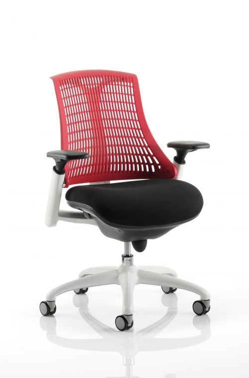 Flex Task Operator Chair White Frame Black Fabric Seat With Red Back With Arms