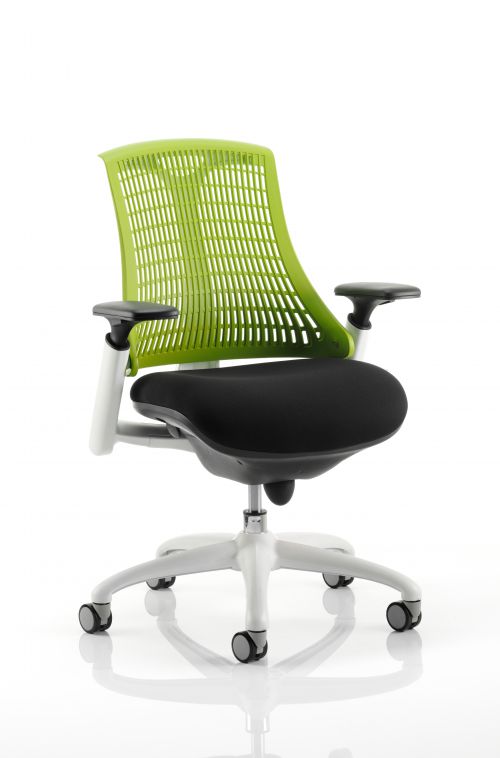 Flex Task Operator Chair White Frame Black Fabric Seat With Green Back With Arms