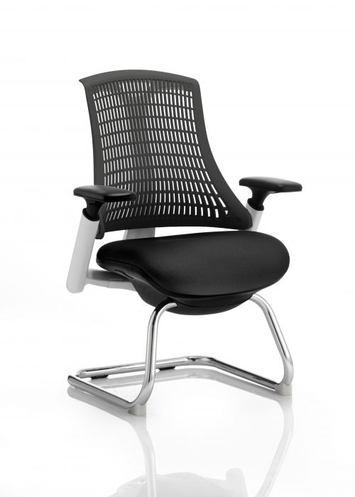 Flex Cantilever Chair White Frame Black Fabric Seat Black Back With Arms