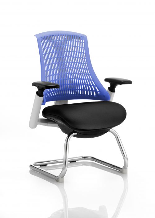Flex Cantilever Chair White Frame Black Fabric Seat Blue Back With Arms