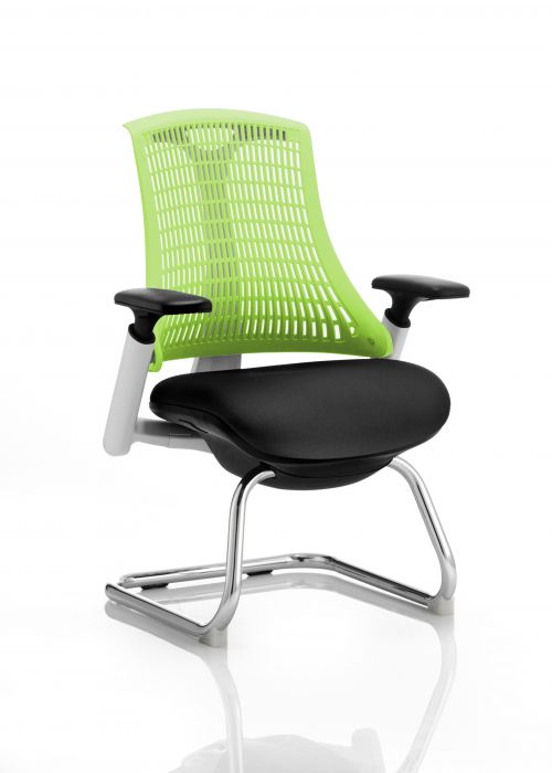 Flex Cantilever Chair White Frame Black Fabric Seat Green Back With Arms
