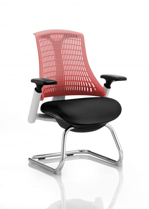 Flex Cantilever Chair White Frame Black Fabric Seat Red Back With Arms