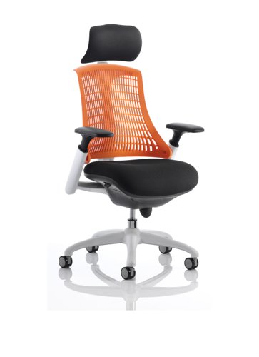 Flex Task Operator Chair White Frame Black Fabric Seat With Orange Back With Arms With Headrest