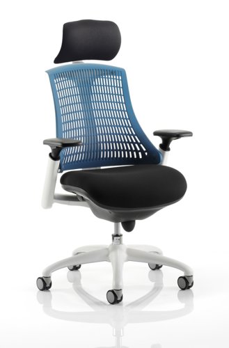 KC0092 Flex Task Operator Chair White Frame Black Fabric Seat With Blue Back With Arms With Headrest