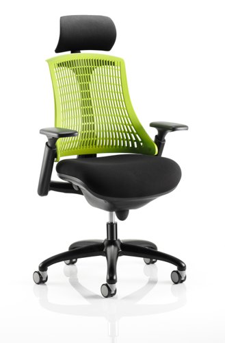Flex Task Operator Chair Black Frame With Black Fabric Seat Green Back With Arms With Headrest
