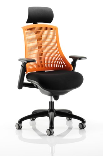 KC0107 Flex Task Operator Chair Black Frame With Black Fabric Seat Orange Back With Arms With Headrest