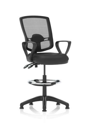 42027DY - Dynamic Eclipse Plus II Deluxe Medium Mesh Back & Soft Bonded Leather Seat Task Operator Chair With Loop Arms & Hi Rise Draughtsman Kit Black - KC0433