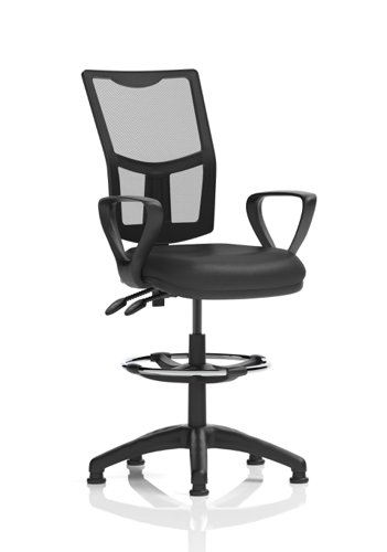 Dynamic Eclipse Plus II Medium Mesh Back & Soft Bonded Leather Seat Task Operator Office Chair With Loop Arms & Hi Rise Draughtsman Kit Black - KC0438