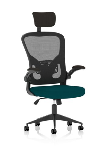 Ace Executive Mesh Back Office Chair With Folding Arms Bespoke Fabric Seat Maringa Teal - KCUP2002