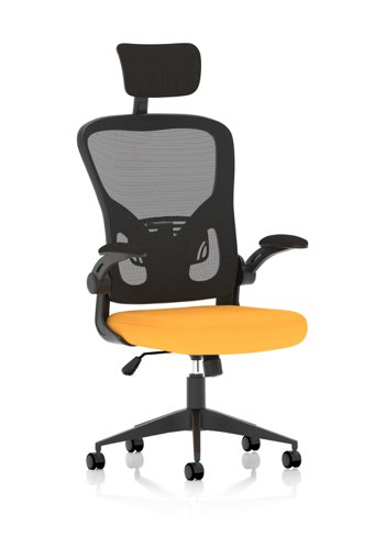 Ace Executive Mesh Back Office Chair With Folding Arms Bespoke Fabric Seat Senna Yellow - KCUP2004
