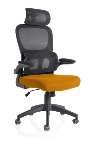 Iris Mesh Back Task Operator Office Chair Bespoke Senna Yellow Fabric Seat With Headrest - KCUP2036