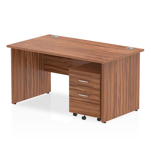 Impulse 1400 x 800mm Straight Office Desk Walnut Top Panel End Leg Workstation 2 Drawer Mobile Pedestal
