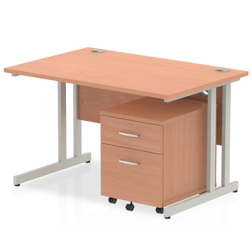 Impulse 1200 x 800mm Straight Office Desk Beech Top Silver Cantilever Leg Workstation 2 Drawer Mobile Pedestal