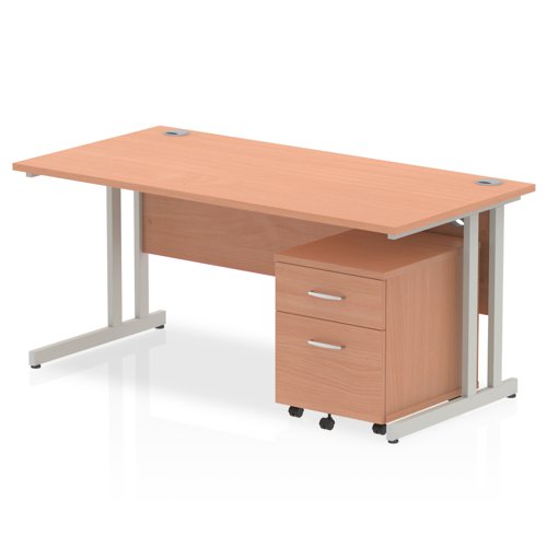 Impulse 1600 x 800mm Straight Office Desk Beech Top Silver Cantilever Leg Workstation 2 Drawer Mobile Pedestal
