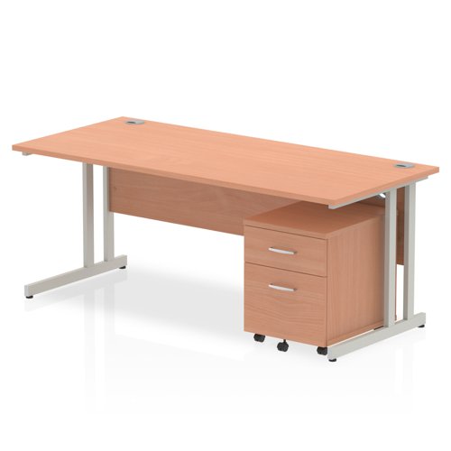 Impulse Cantilever Straight Office Desk W1800 x D800 x H730mm Beech Finish Silver Frame With 2 Drawer Mobile Pedestal - MI000953