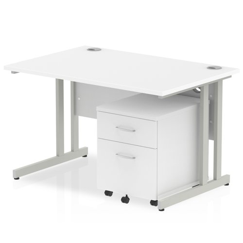 Impulse 1200 x 800mm Straight Office Desk White Top Silver Cantilever Leg Workstation 2 Drawer Mobile Pedestal