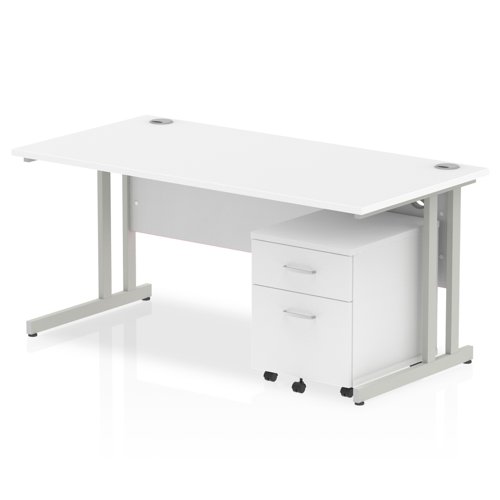 Impulse 1600 x 800mm Straight Office Desk White Top Silver Cantilever Leg Workstation 2 Drawer Mobile Pedestal