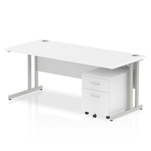 Impulse Cantilever Straight Office Desk W1800 x D800 x H730mm White Finish Silver Frame With 2 Drawer Mobile Pedestal - MI000957