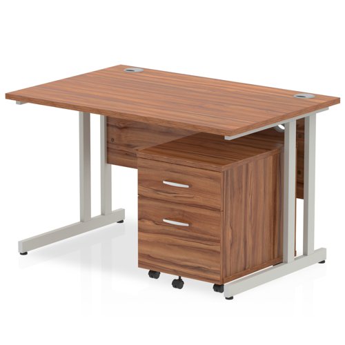 Impulse 1200 x 800mm Straight Office Desk Walnut Top Silver Cantilever Leg Workstation 2 Drawer Mobile Pedestal