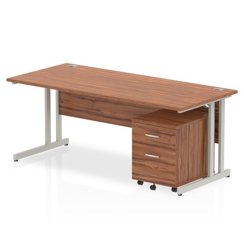 Impulse Cantilever Straight Office Desk W1800 x D800 x H730mm Walnut Finish Silver Frame With 2 Drawer Mobile Pedestal - MI000961