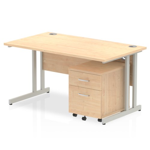 Impulse Cantilever Straight Office Desk W1400 x D800 x H730mm Maple Finish Silver Frame With 2 Drawer Mobile Pedestal - MI000963